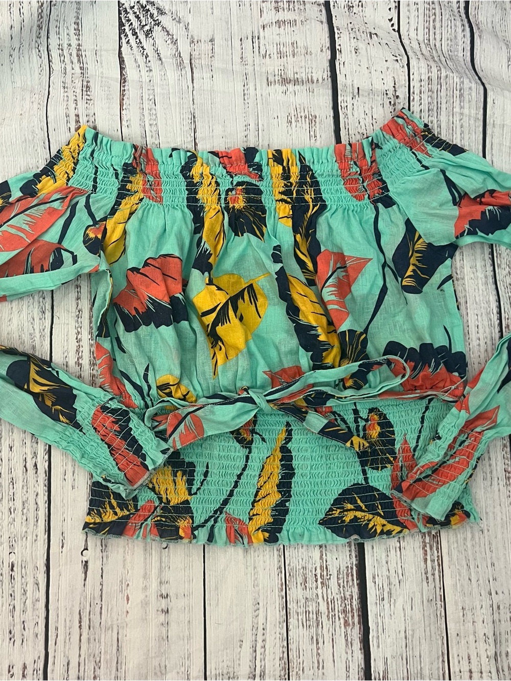 Express Off-Shoulder Tropical Print Crop Top in Aqua, Coral & Yellow